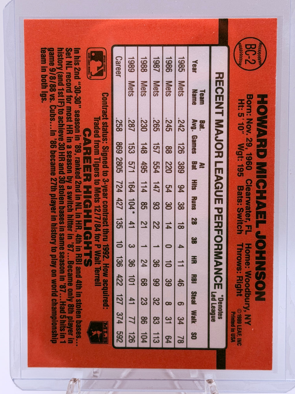 1990 Donruss Howard Johnson MVP #BC-2