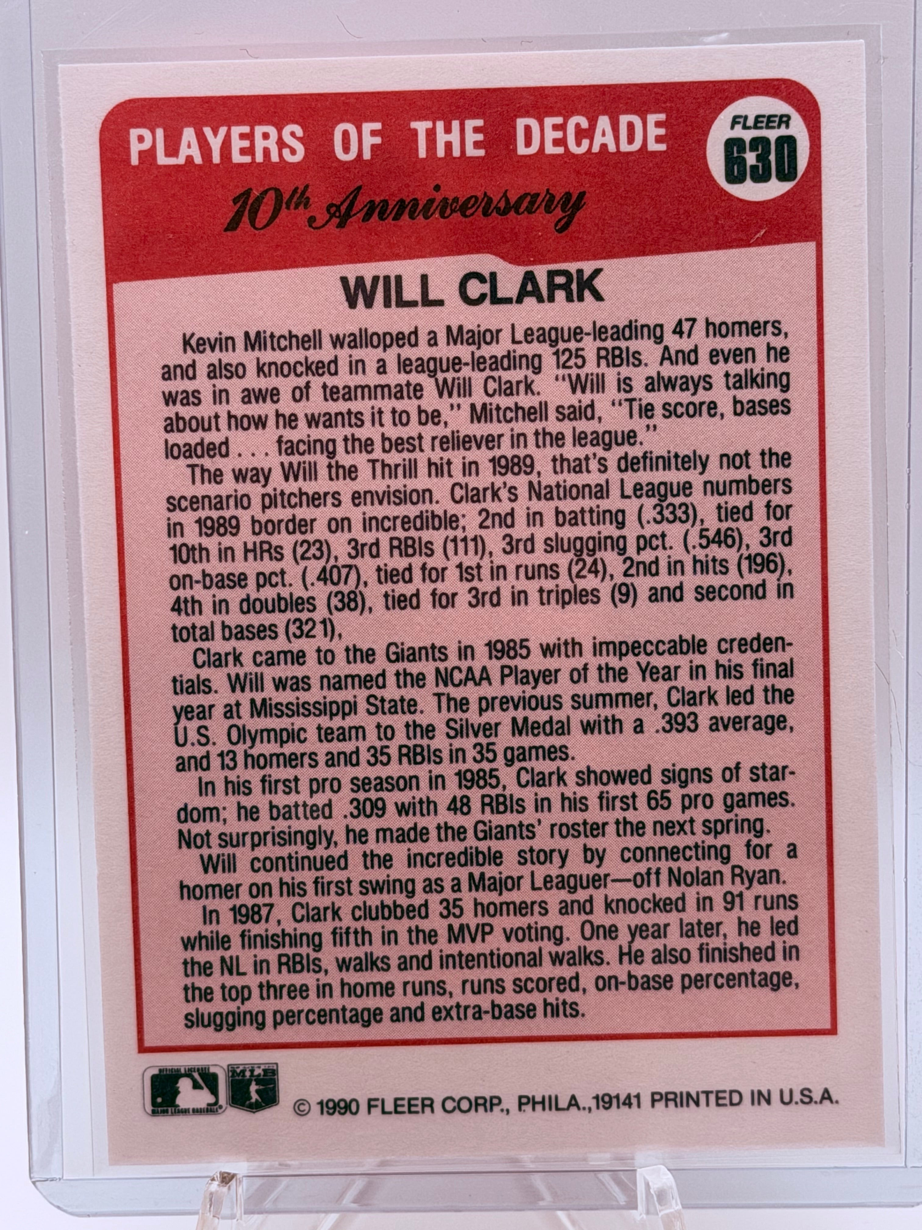 1990 Fleer Will Clark10th Anniversary Player of the Decade #630