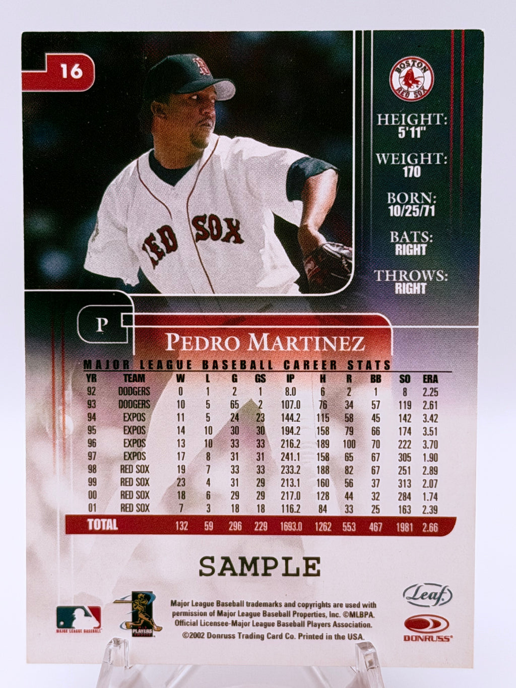 **RARE CARD** 2002 Donruss Leaf Pedro Martinez Rookies and Stars "SAMPLE" #16