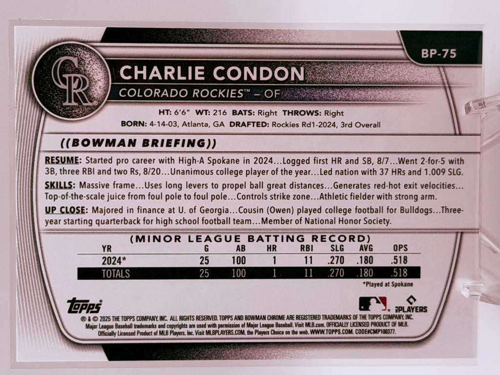 2025 Bowman Prospects Charlie Condon 1st Bowman #BP-75