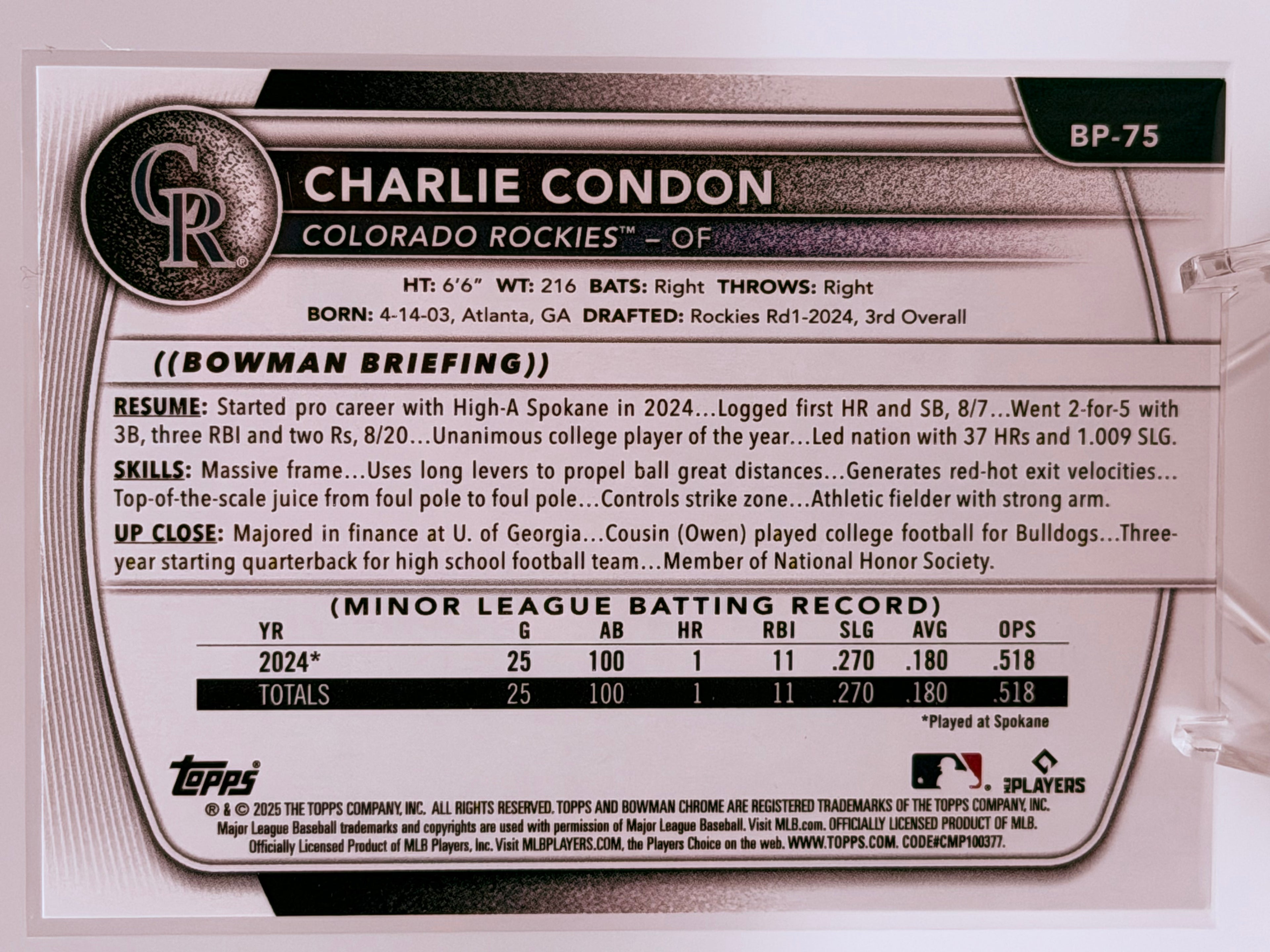 2025 Bowman Prospects Charlie Condon 1st Bowman #BP-75