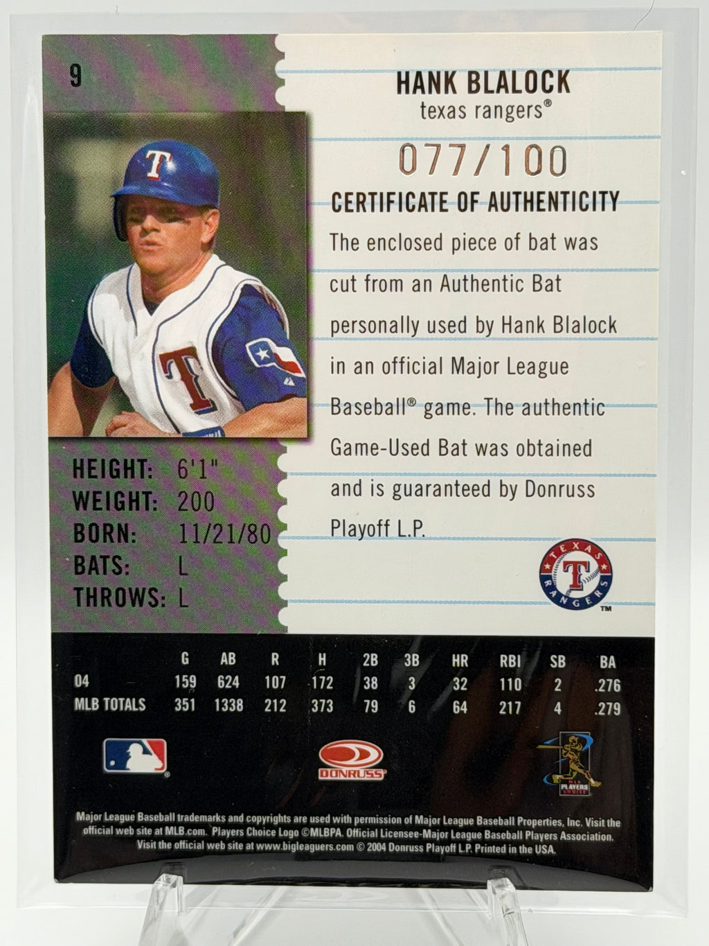 2004 Donruss Leaf Century Collection Hank Blalock Game Used Bat, 077/100, #9