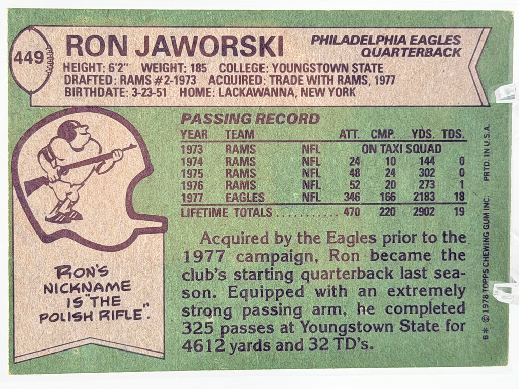 1978 Topps Ron Jaworski #449 (Philadelphia Eagles)