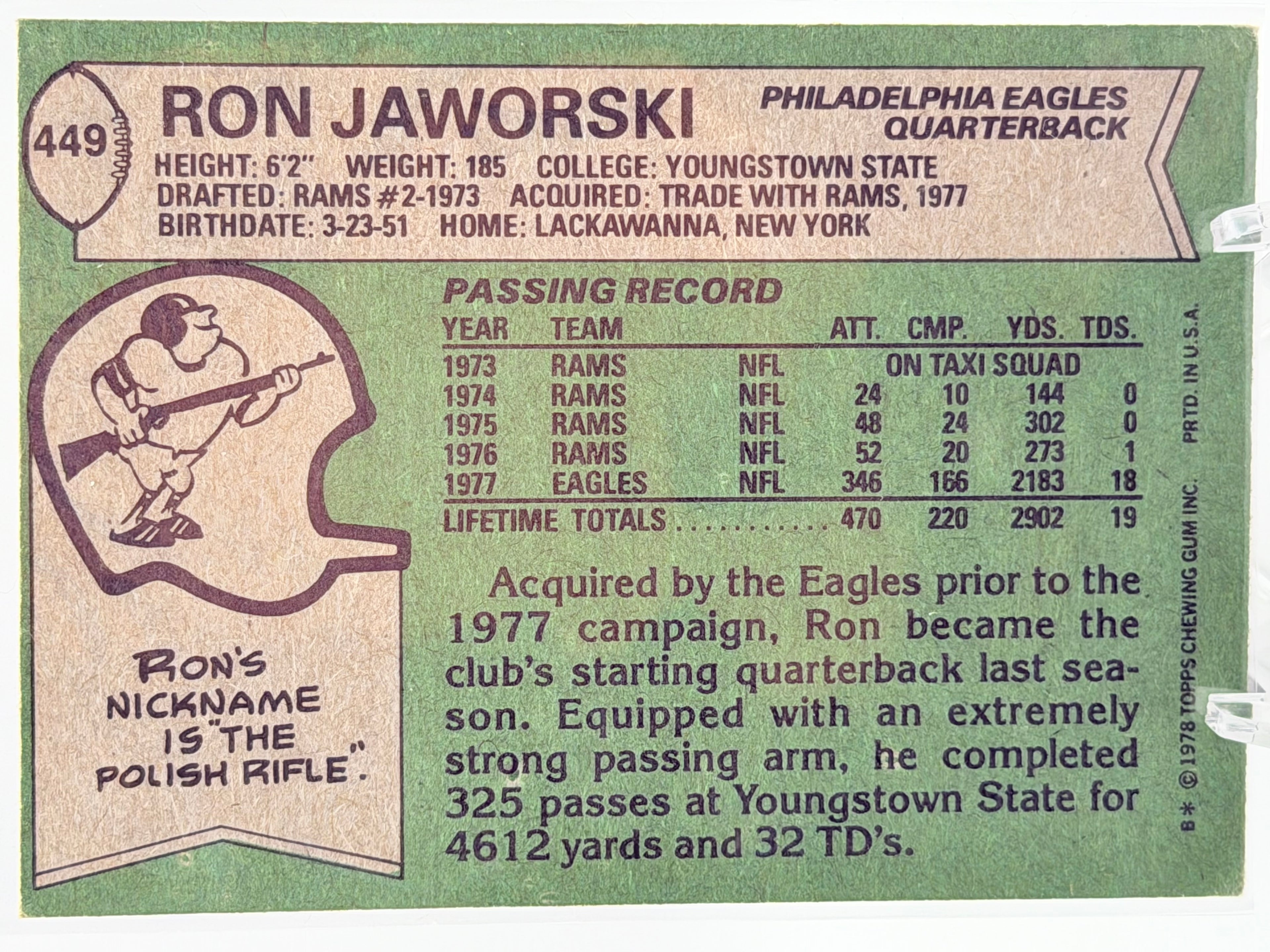 1978 Topps Ron Jaworski #449 (Philadelphia Eagles)