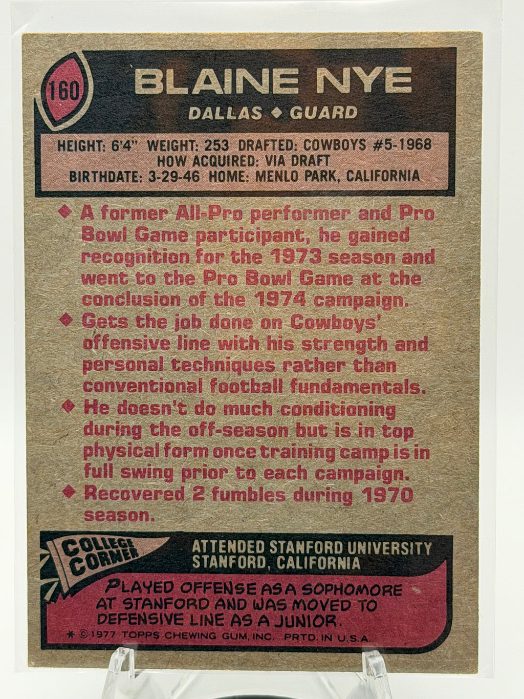 1977 Topps Blaine Nye NFC All Pro #160