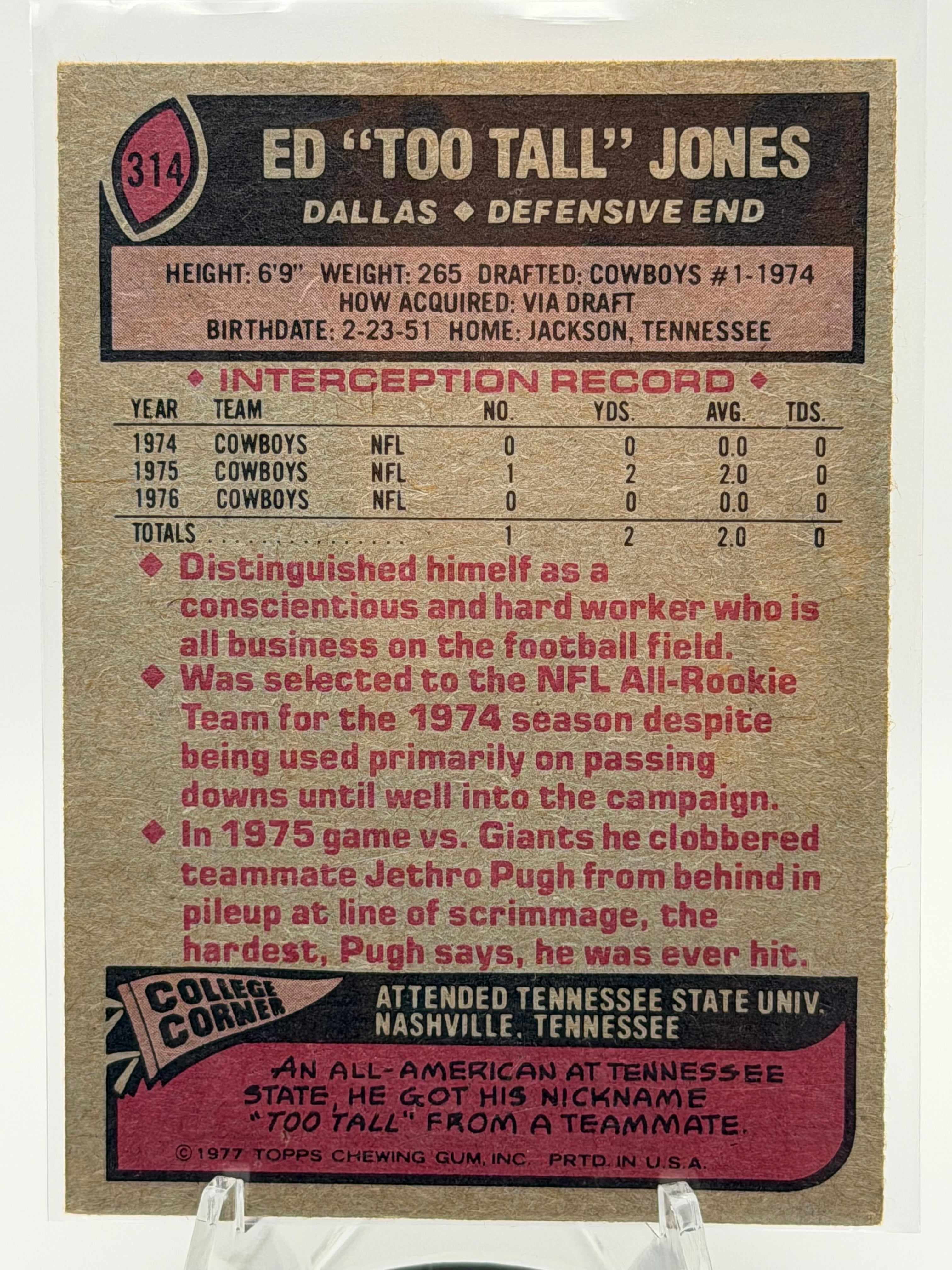 1977 Topps Ed "too tall" Jones #314 (Dallas Cowboys)