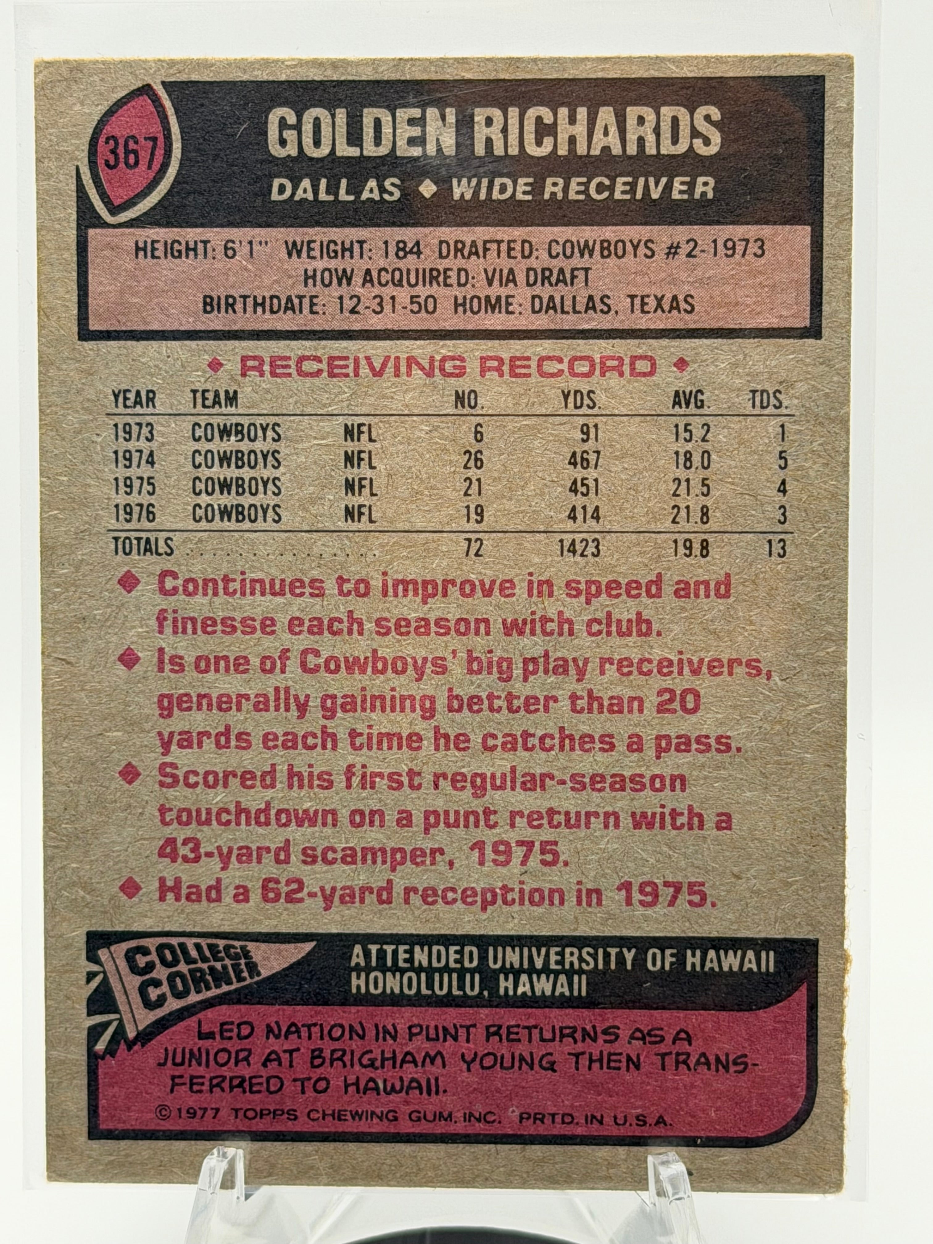 1977 Topps Golden Richards #367 (Dallas Cowboys)