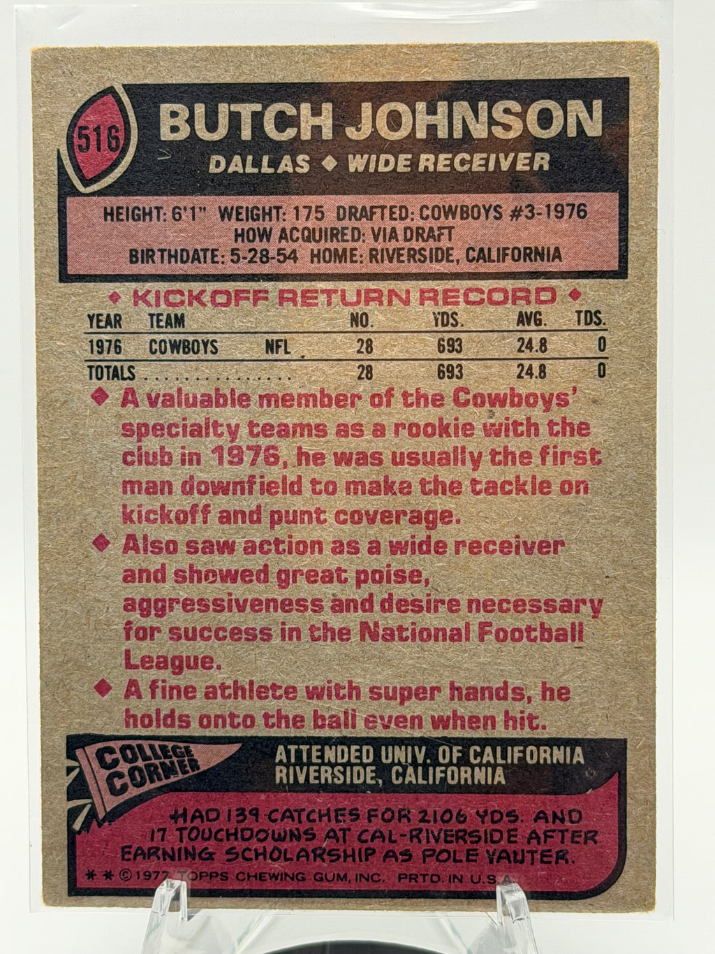 1977 Topps Butch Johnson #516 (Dallas Cowboys)