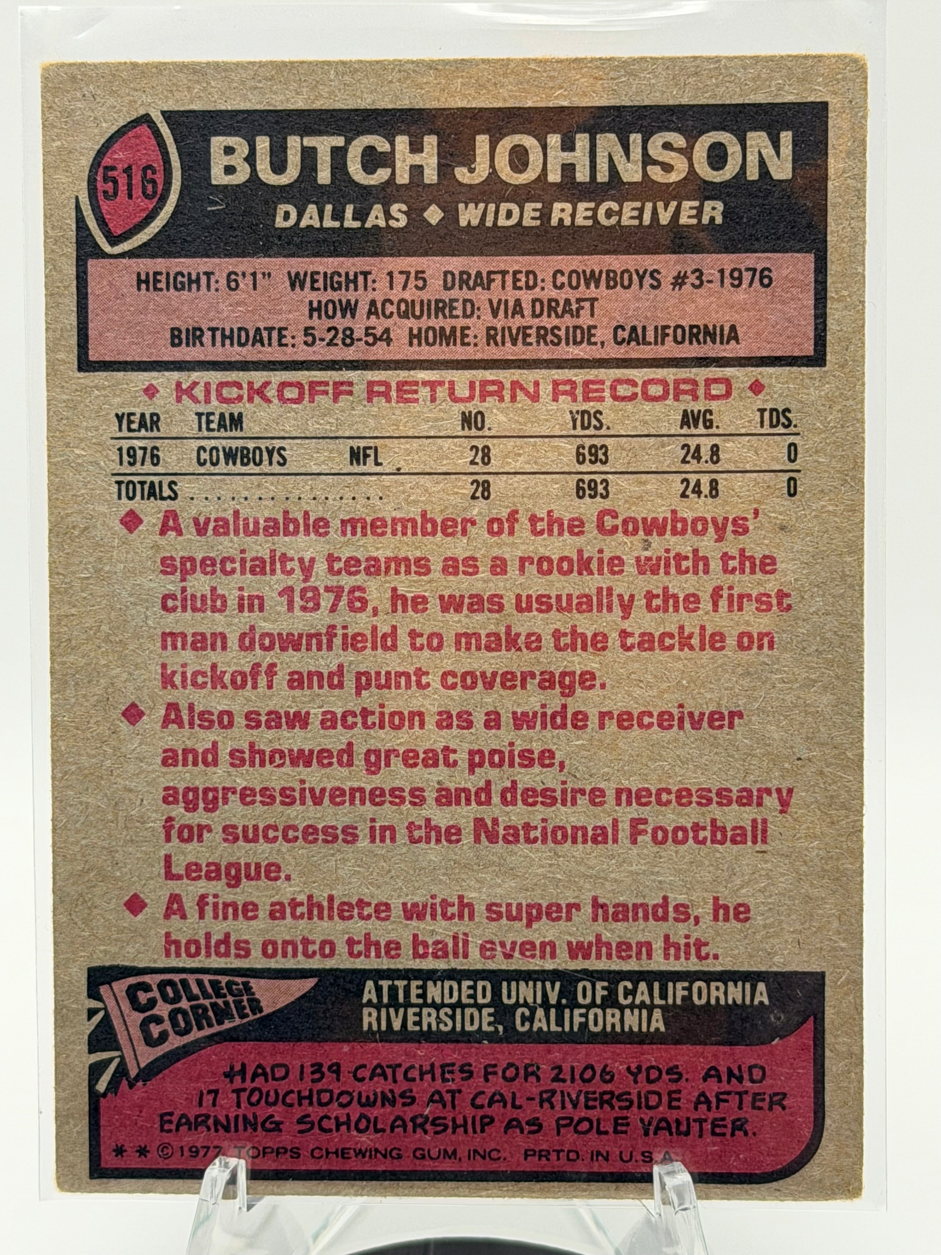 1977 Topps Butch Johnson #516 (Dallas Cowboys)