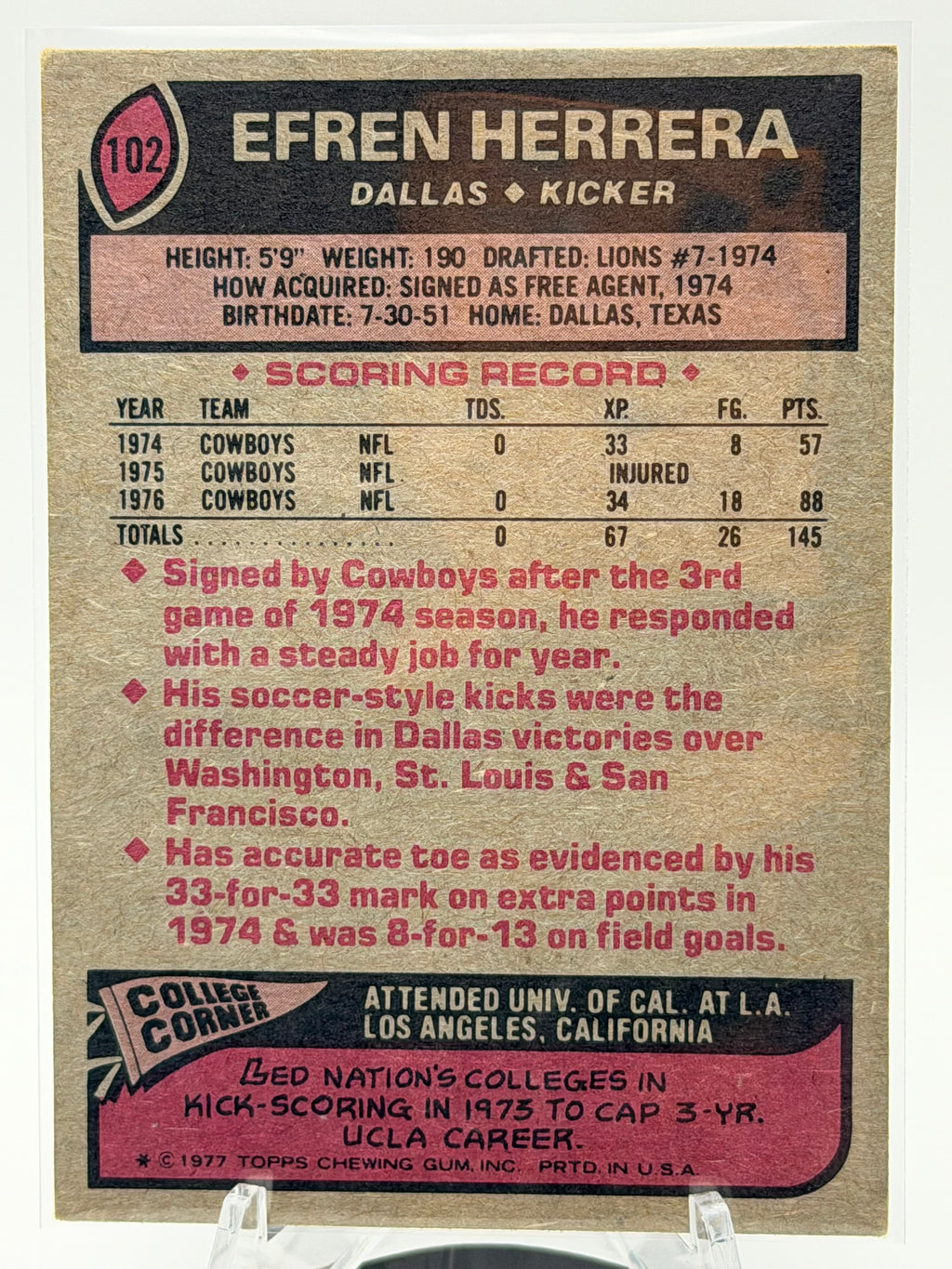 1977 Topps Efren Herrera #102 (Dallas Cowboys)