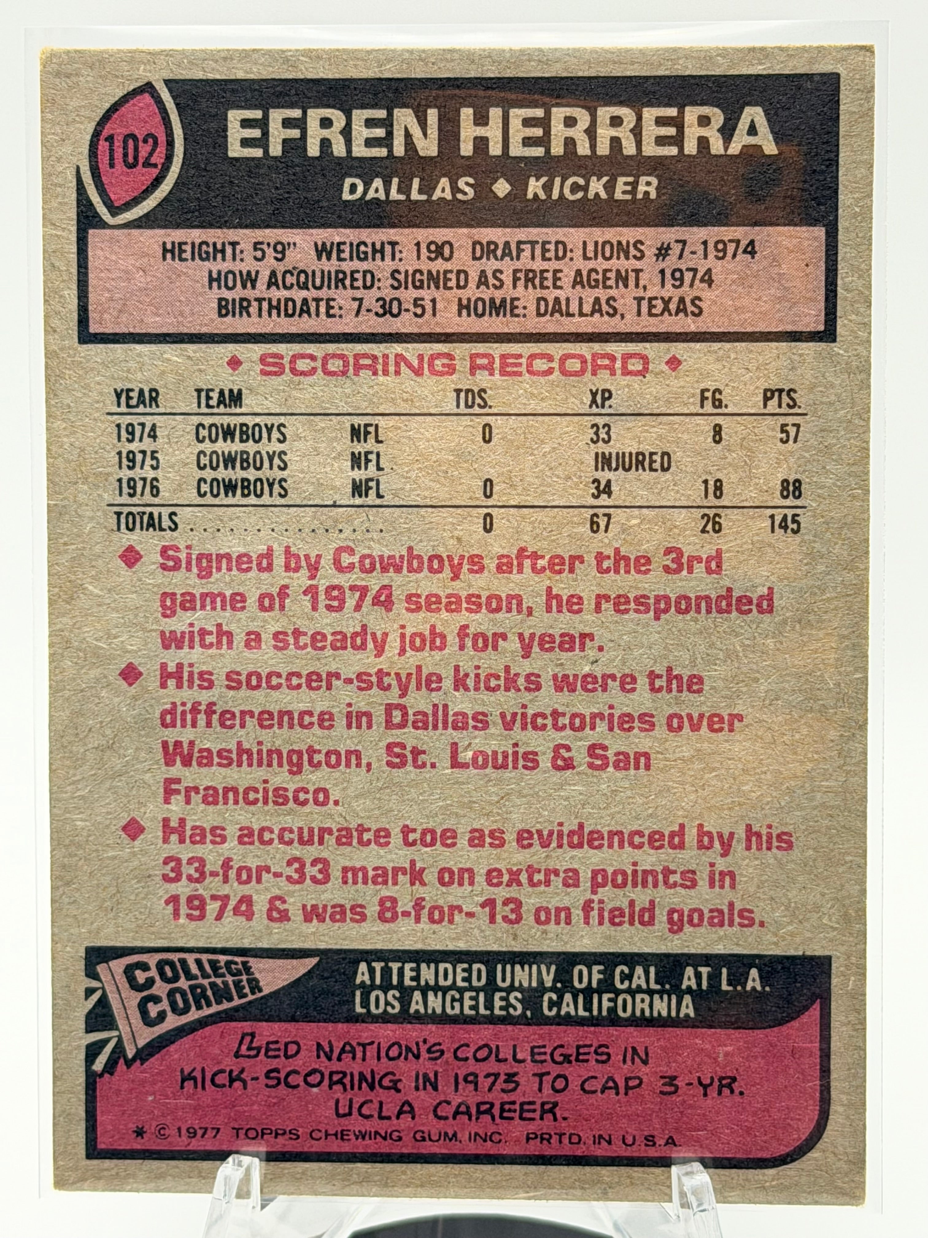 1977 Topps Efren Herrera #102 (Dallas Cowboys)