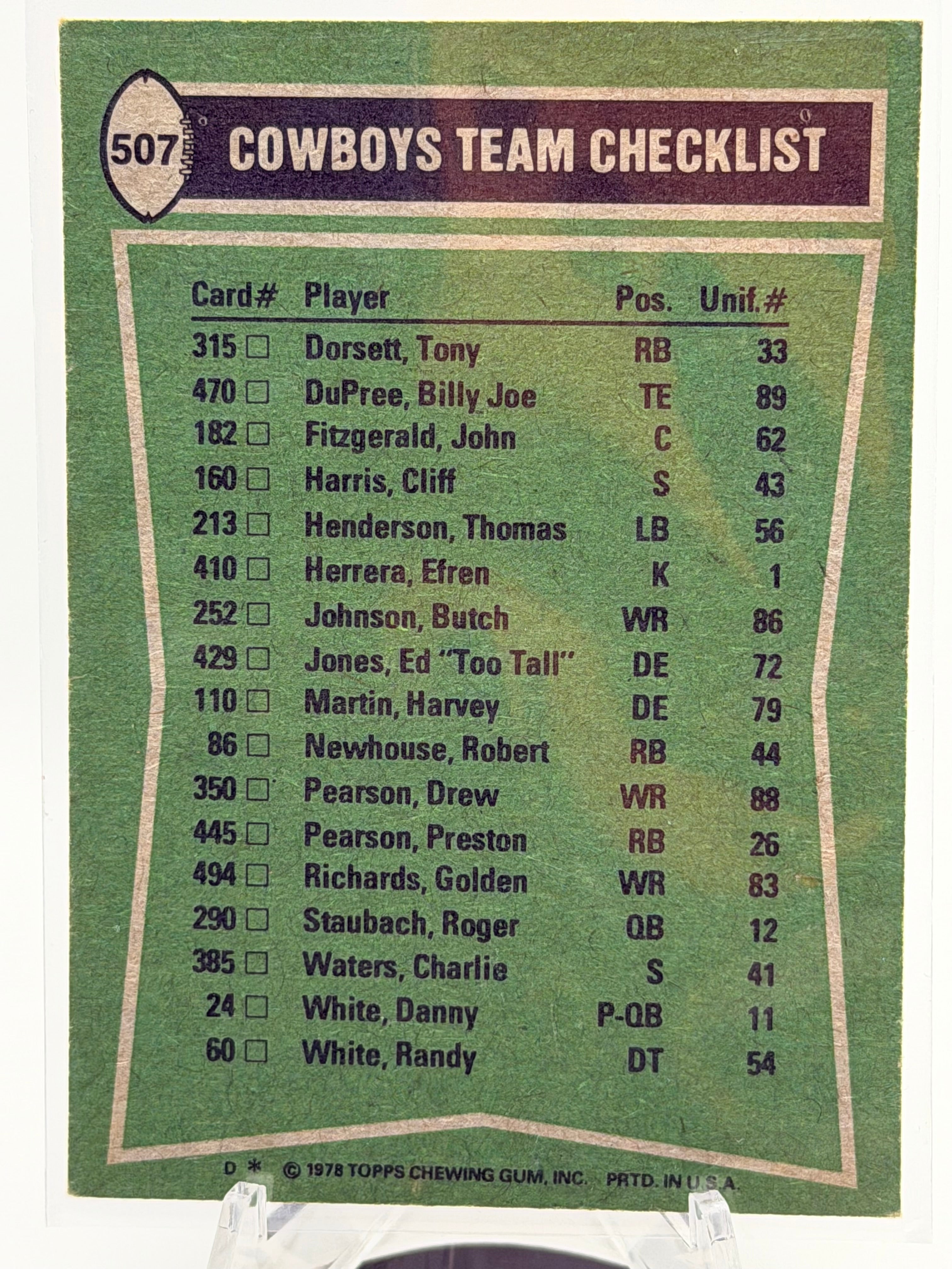 1978 Topps Cowboys Checklist (Tony Dorsett, Drew Pearson, Cliff Harris, Harvey Martin) #507