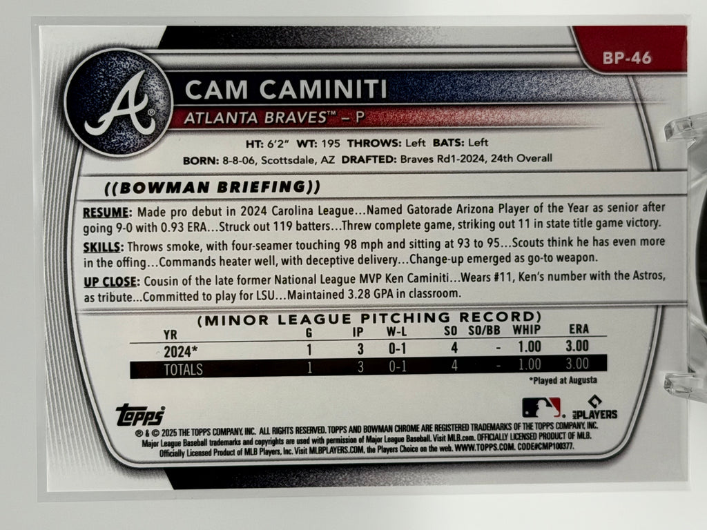 2025 Bowman Cam Caminiti 1st Prospects Blue Refractor 103/150 #BP-46