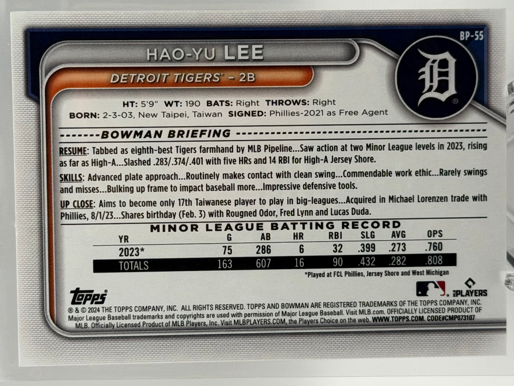 2024 Bowman Prospect Hao-Yu Lee Fuchsia Paper Parallel 134/299 #BP-55 