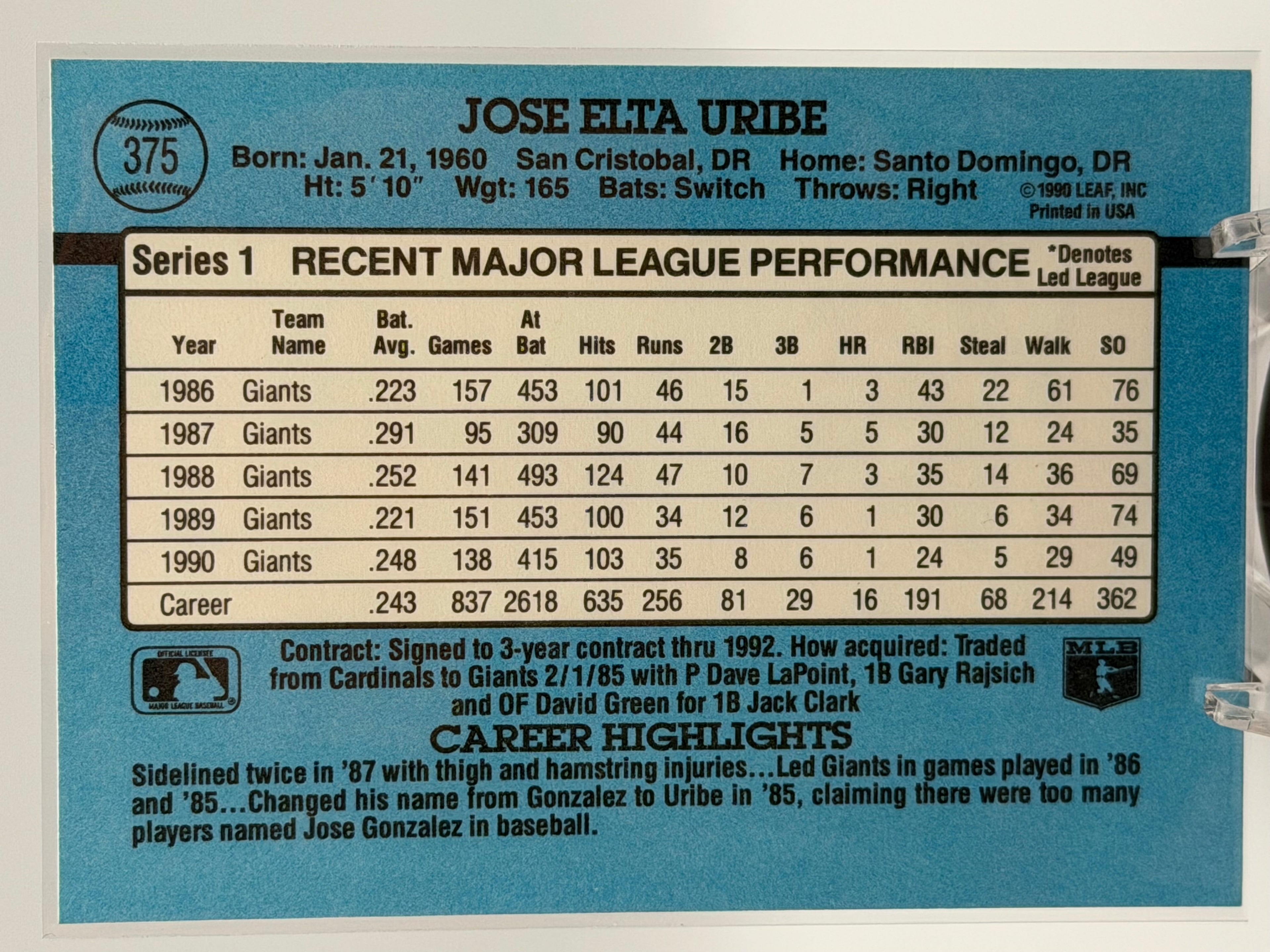 **TRIPLE ERROR CARD** 1991 Donruss Jose Uribe #375 (See description)