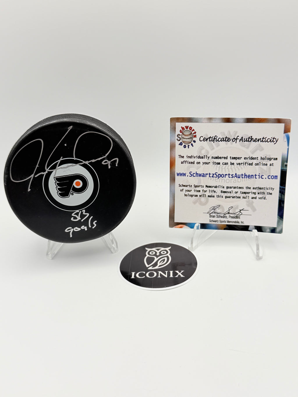 Jeremy Roenick Autographed Hockey Puck Signature "513 goals" Hologram COA, Philly Flyers