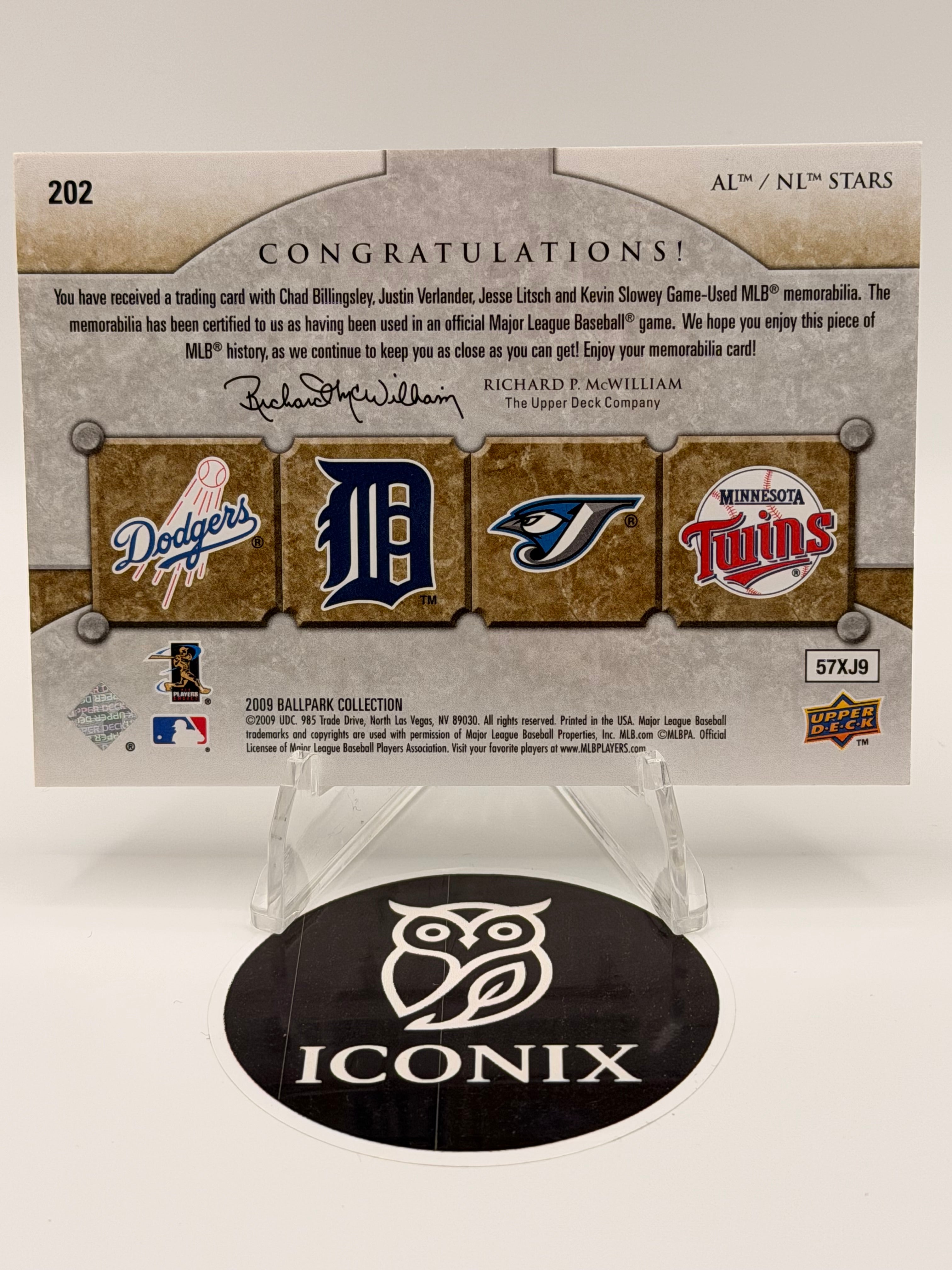 2009 Upper Deck Ballpark Collection Game Used patch AL/NL All Stars 019/400 #202 (Chad Billingsley, Justin Verlander, Jesse Litch, Kevin Slowey)