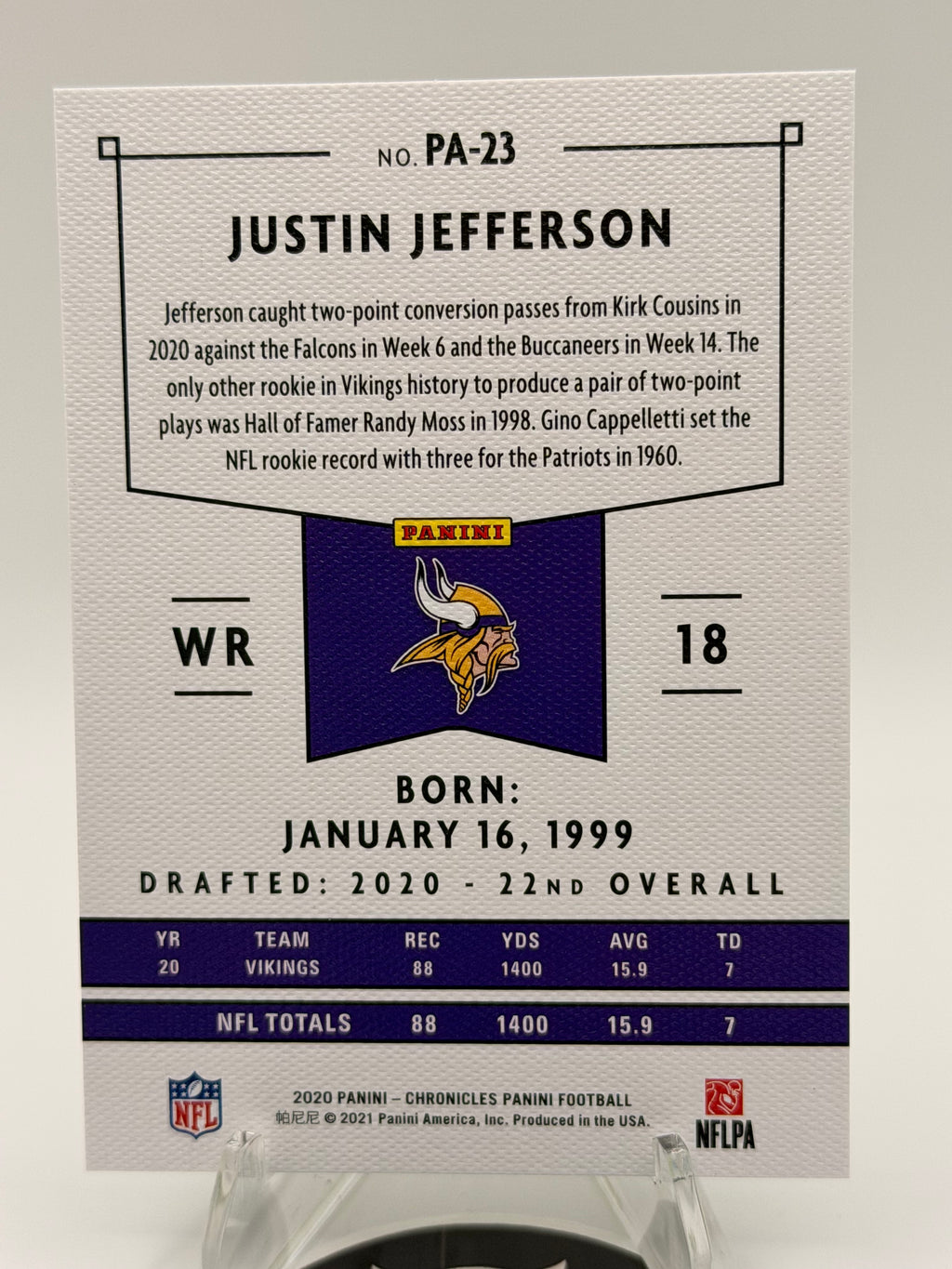 2020 Panini Chronicles Justin Jefferson Rookie Card #PA-23, NMT
