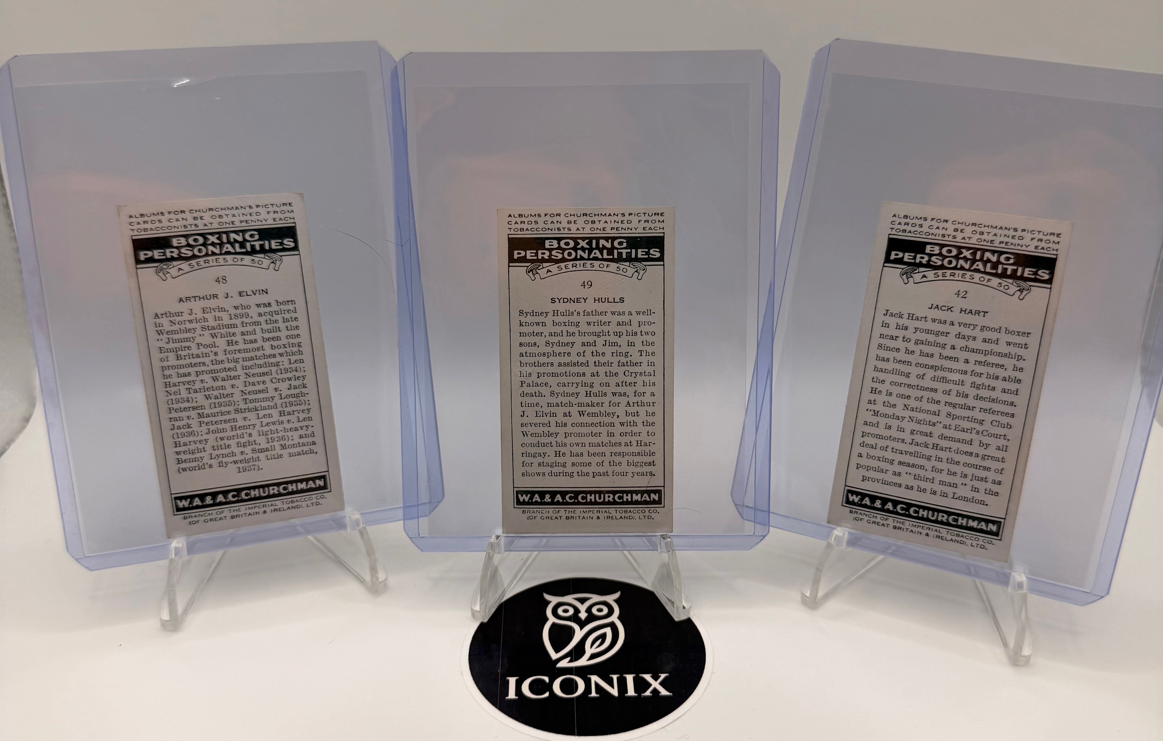 1938 Churchman's Boxing Personalities Lot of 3 (Arthur J. Elvin #48, Jack Hart #42, Sydney Hulls #49)