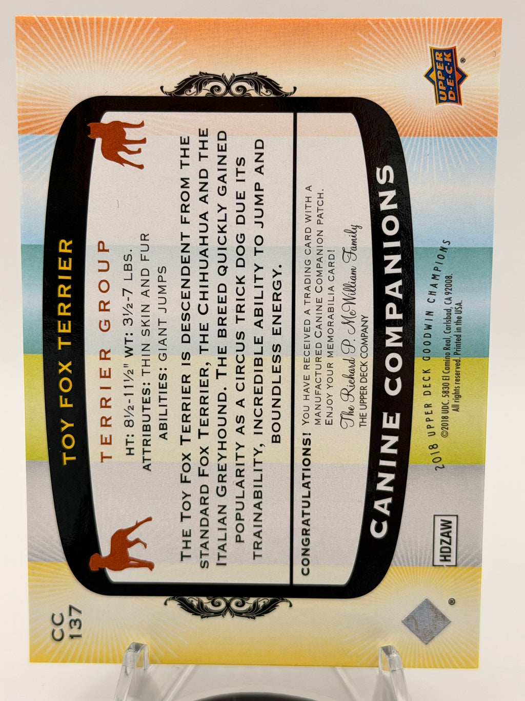 2018 Upper Deck Goodwill Champions Toy Fox Terrier Canine Companion Patch Memorabilia Card #CC137