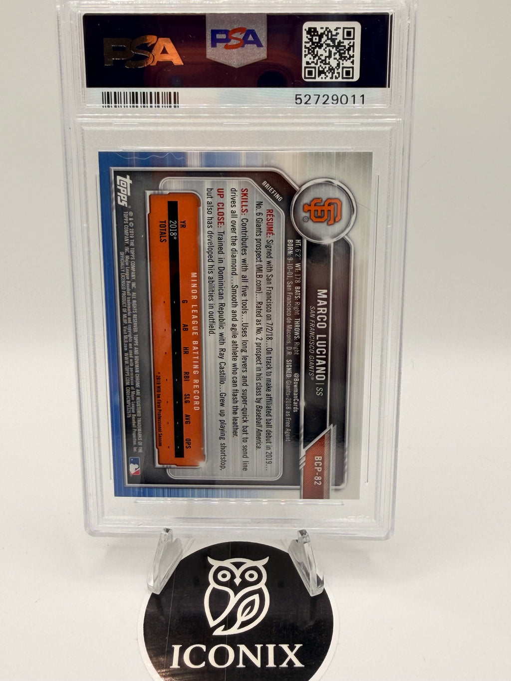2019 Bowman Chrome Marco Luciano Prospects #BCP-82, PSA 9