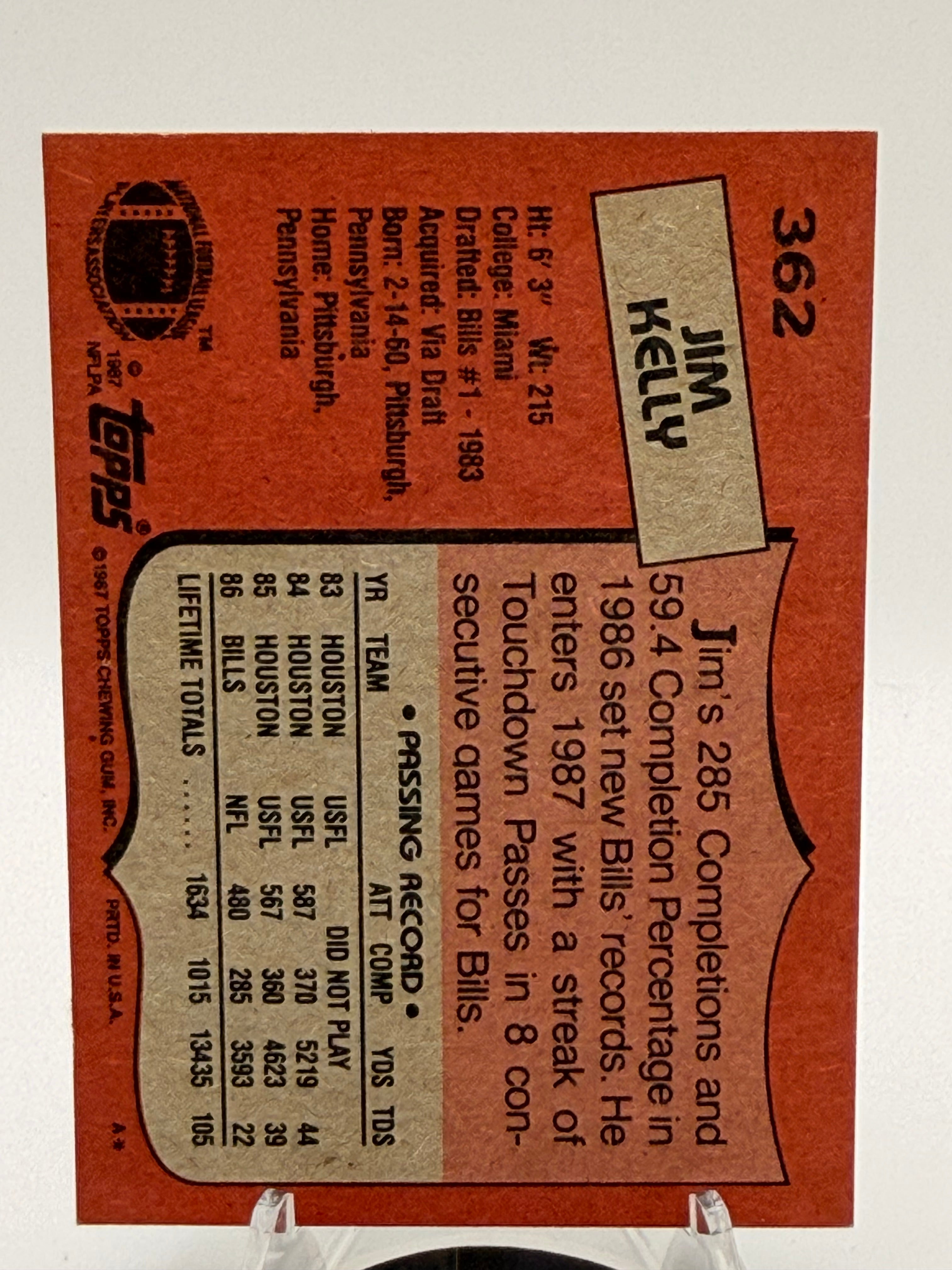 1987 Topps Jim Kelly #362 Rookie Card, HOF Buffalo Bills