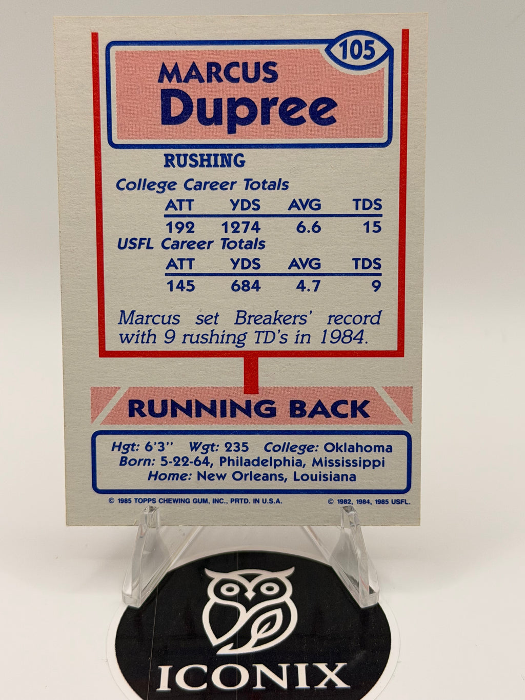 1985 Topps Marcus Depree USFL Breakers Red #105 (Rare, Pre-NFL Rookie Card) NEAR MINT OR BETTER