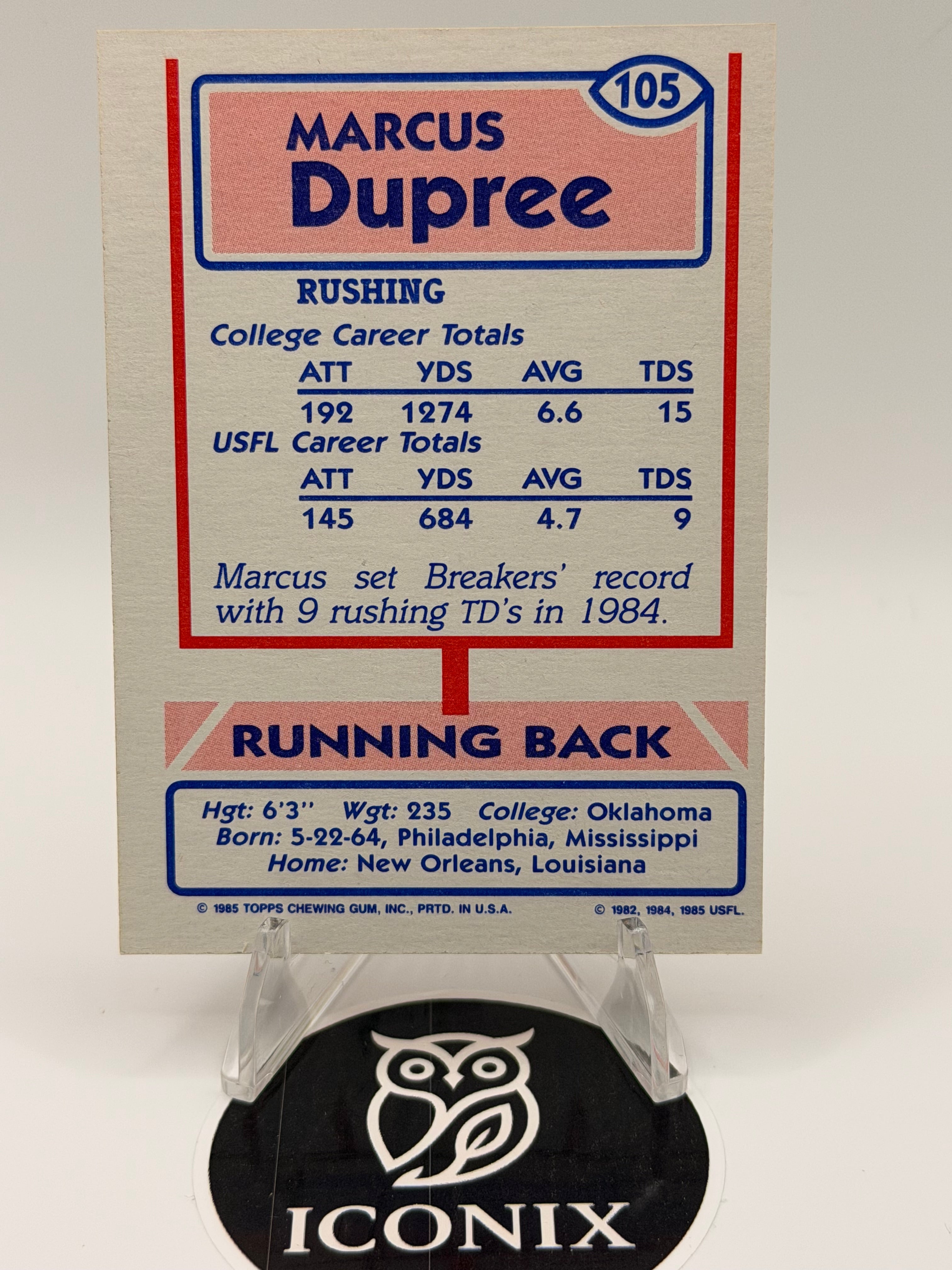 1985 Topps Marcus Depree USFL Breakers Red #105 (Rare, Pre-NFL Rookie Card) NEAR MINT OR BETTER