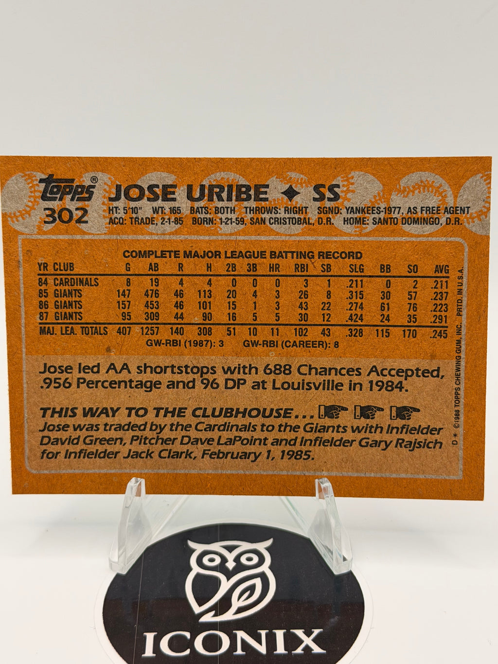 1988 Topps Jose Uribe #302 (ERROR Topps Logo Misprint on Front)