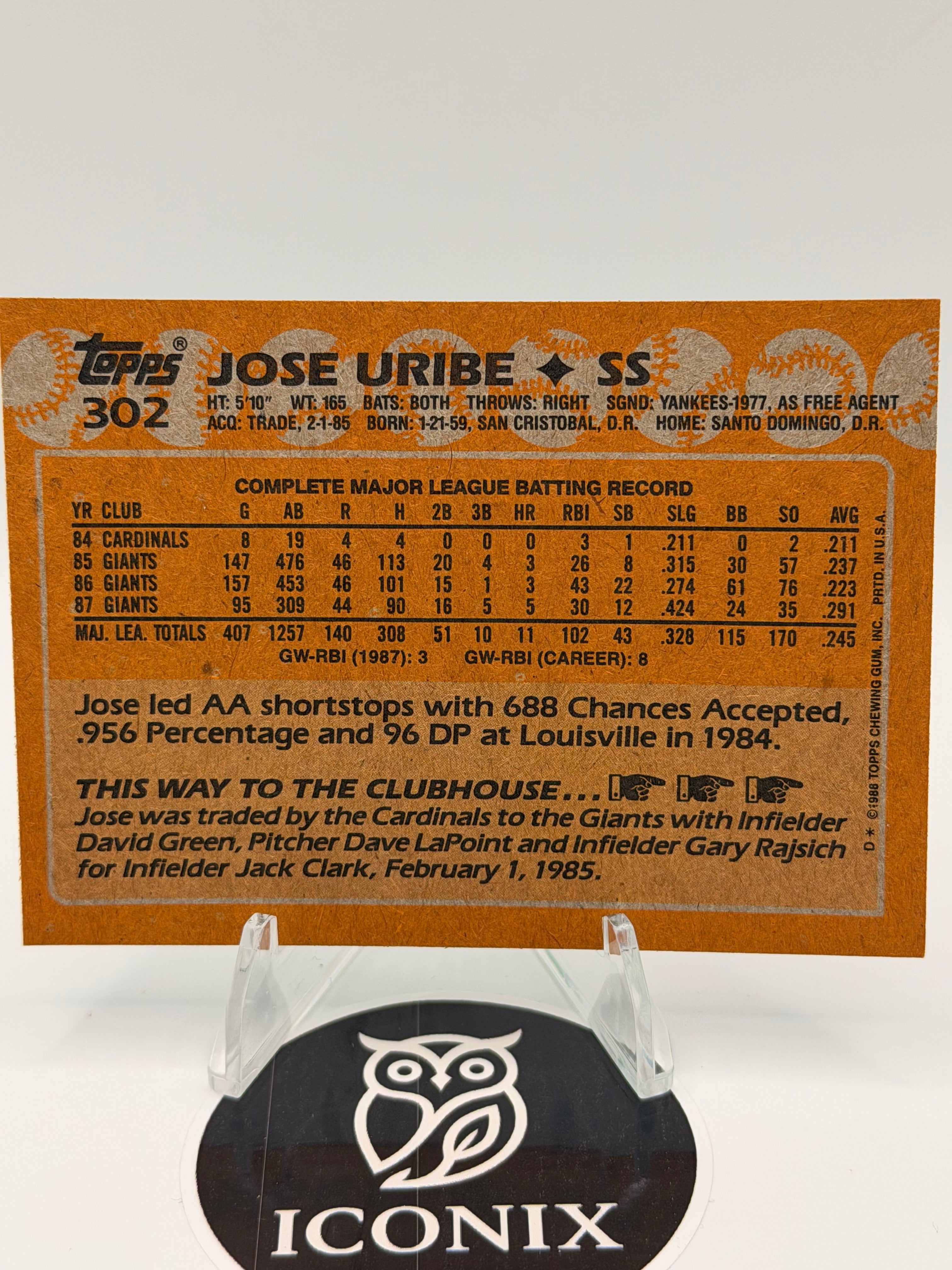 1988 Topps Jose Uribe #302 (ERROR Topps Logo Misprint on Front)